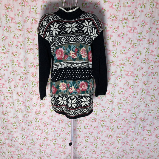 Vintage floral sweater  90s  black rose snowflake pink 1990s |S-M| cottage core grandma White Stag
