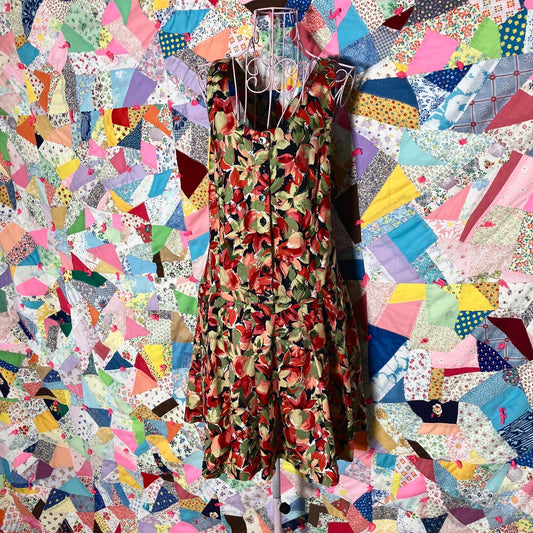 Vintage 80s 90Laura Ashley dress | s-m|  cottage core black red green floral painterly print sleeveless cotton Made in Great Britain