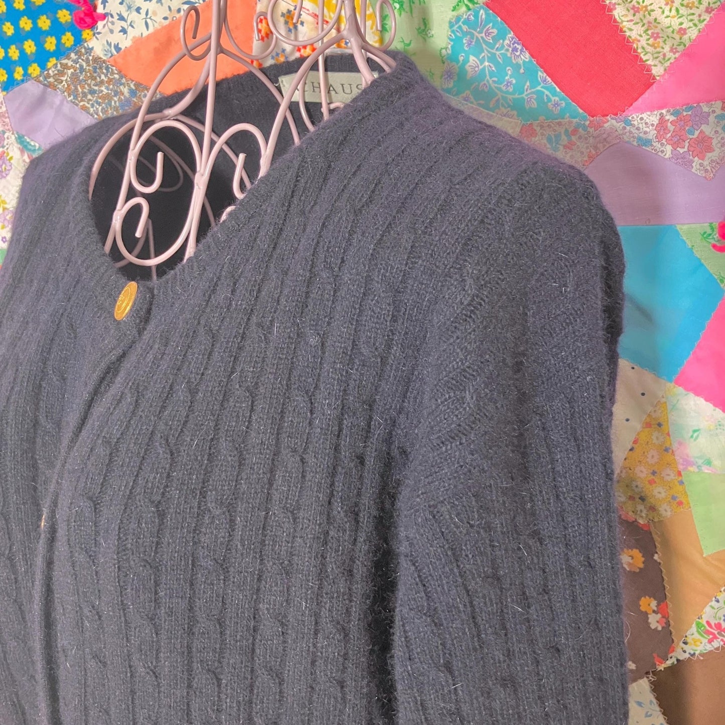 Vintage 90s cardigan cable knit sweater  wool angora blend  Chaus gold tone buttons minimal