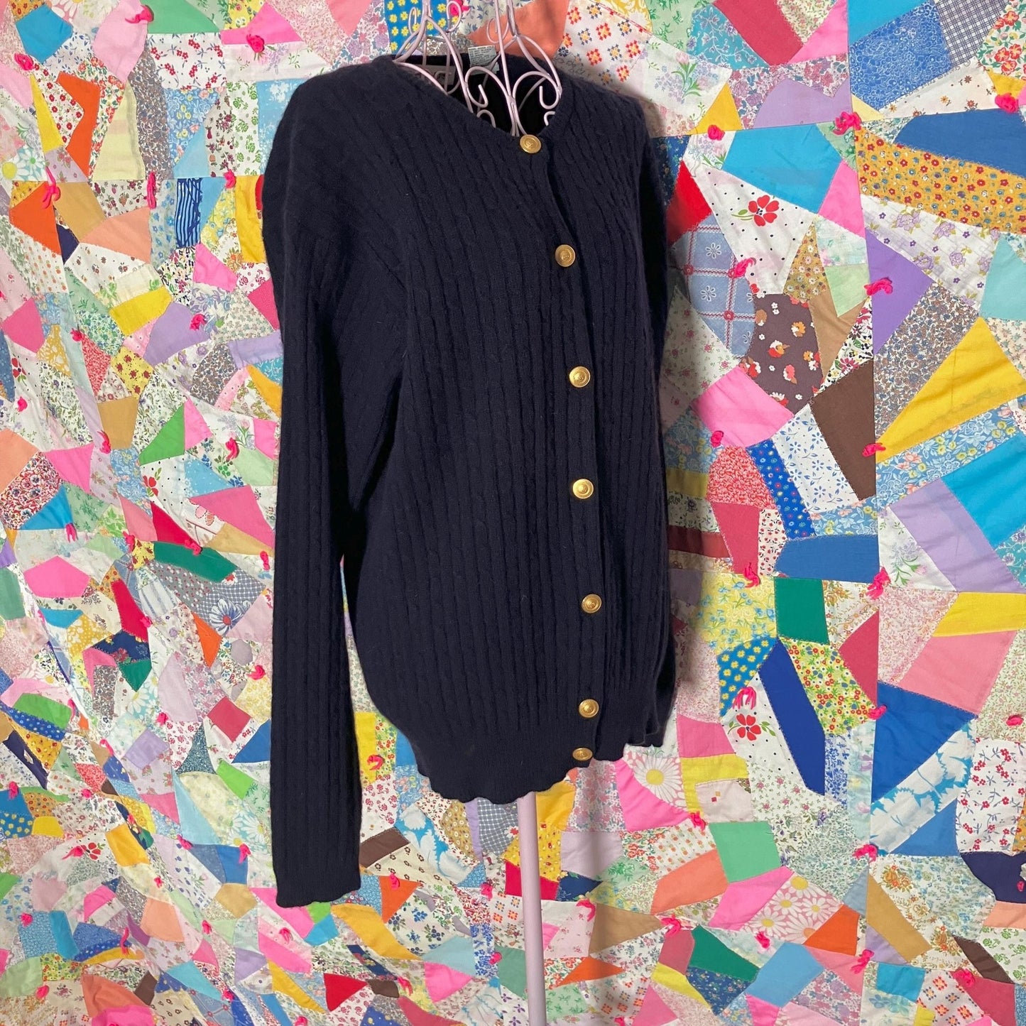 Vintage 90s cardigan cable knit sweater  wool angora blend  Chaus gold tone buttons minimal