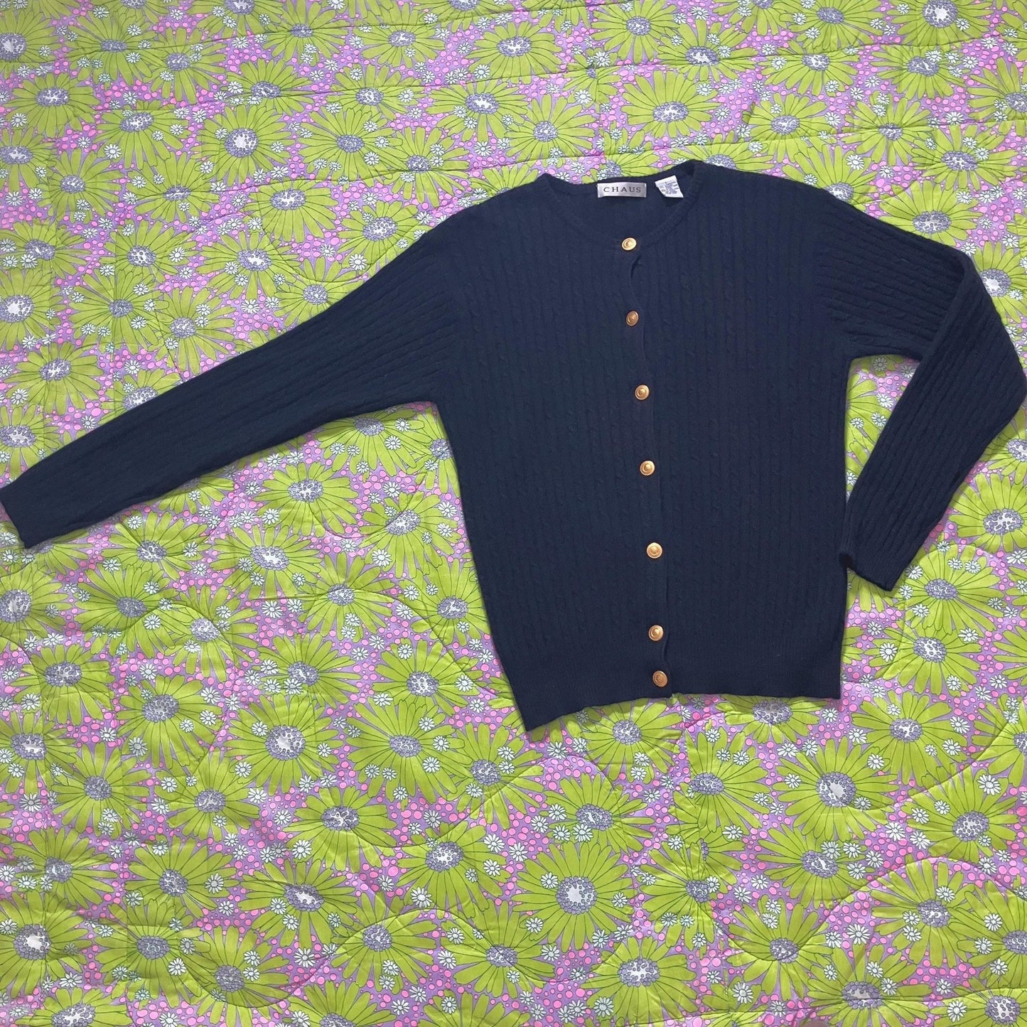 Vintage 90s cardigan cable knit sweater  wool angora blend  Chaus gold tone buttons minimal