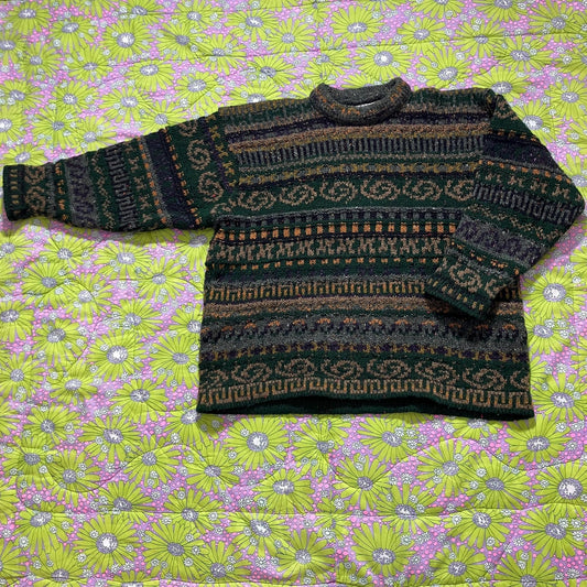 Vintage 80s wool sweater  |L-XL|   made in Ireland Síocháin new wool green abstract all over yellow purple multicolor all over chunky