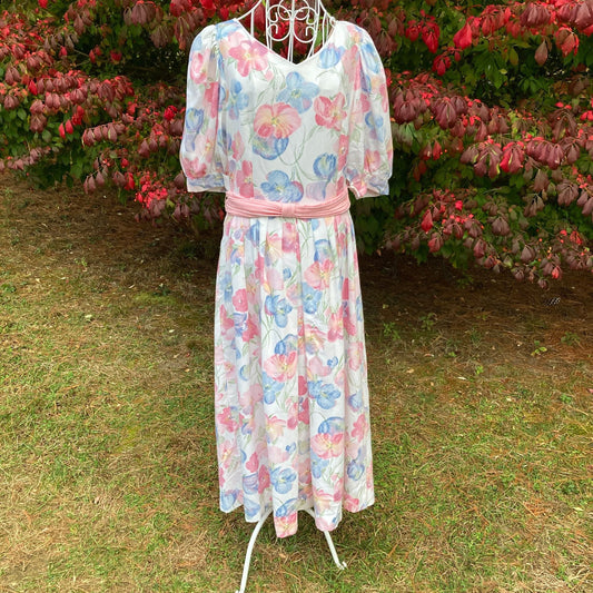 Vintage floral dress 80s cottage core | M-L |  pink green blue white all over print western farmcore  Lanz Originals made in USA