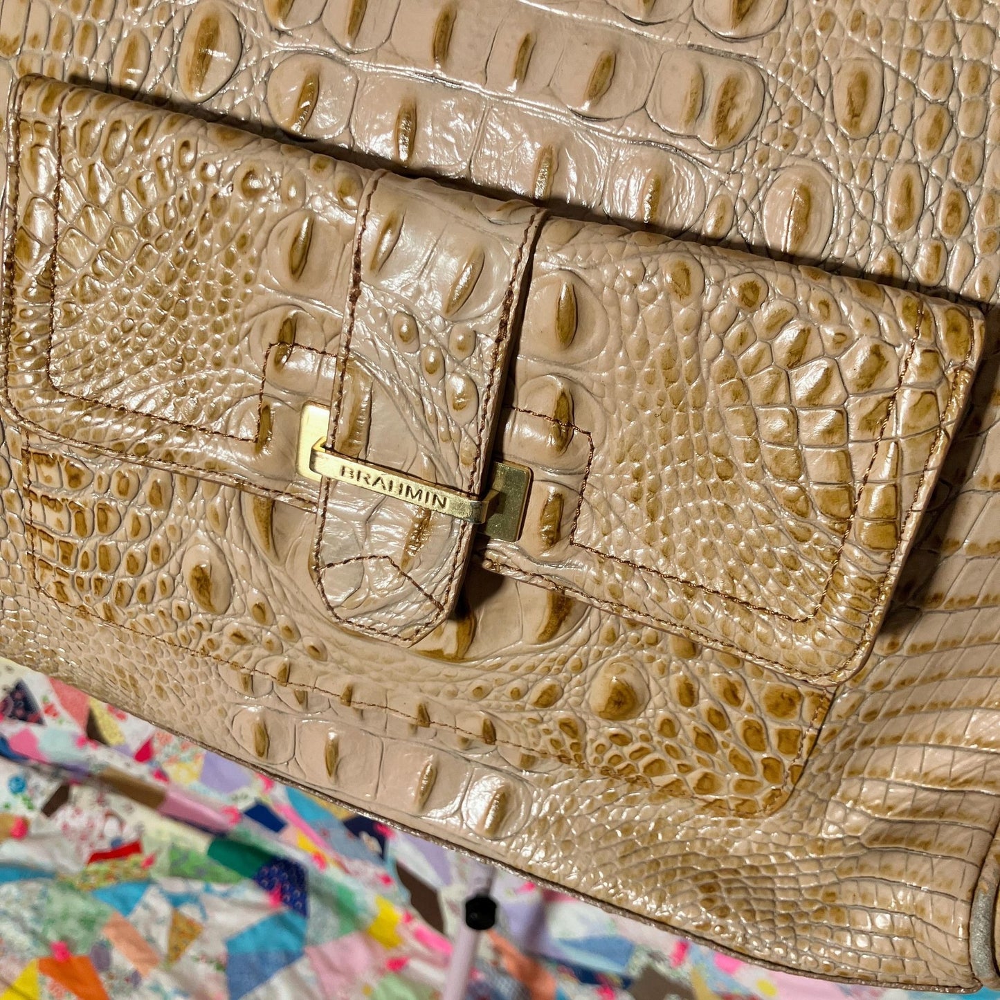 Vintage 80s 90s Brahmin tote bag toasted honey beige croc embossed pockets
