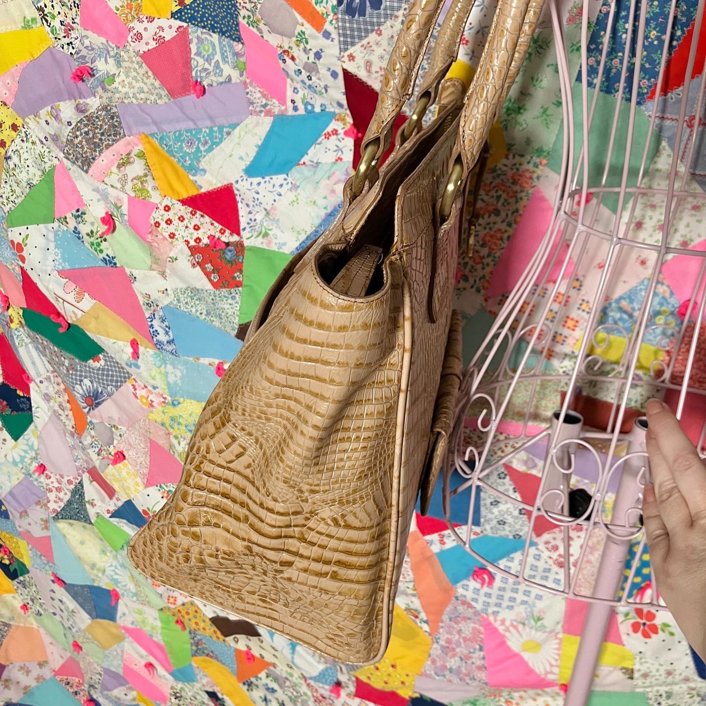 Vintage 80s 90s Brahmin tote bag toasted honey beige croc embossed pockets