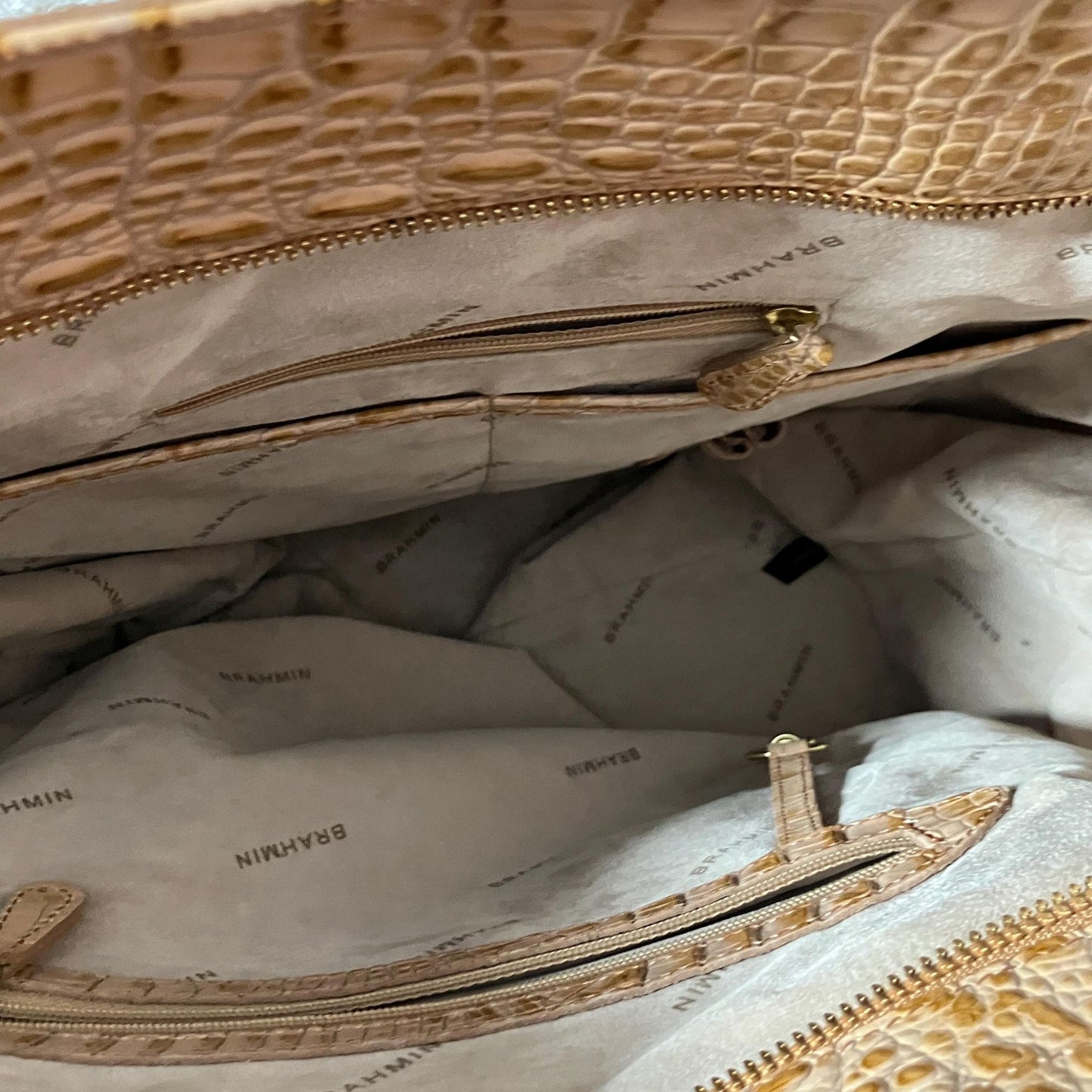 Vintage 80s 90s Brahmin tote bag toasted honey beige croc embossed pockets