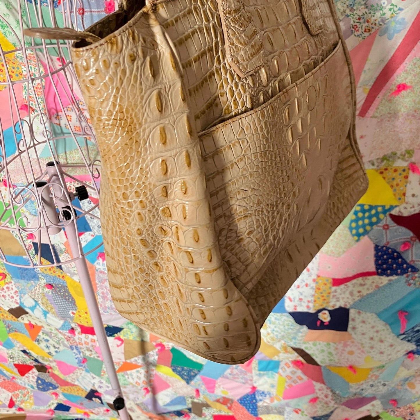 Vintage 80s 90s Brahmin tote bag toasted honey beige croc embossed pockets