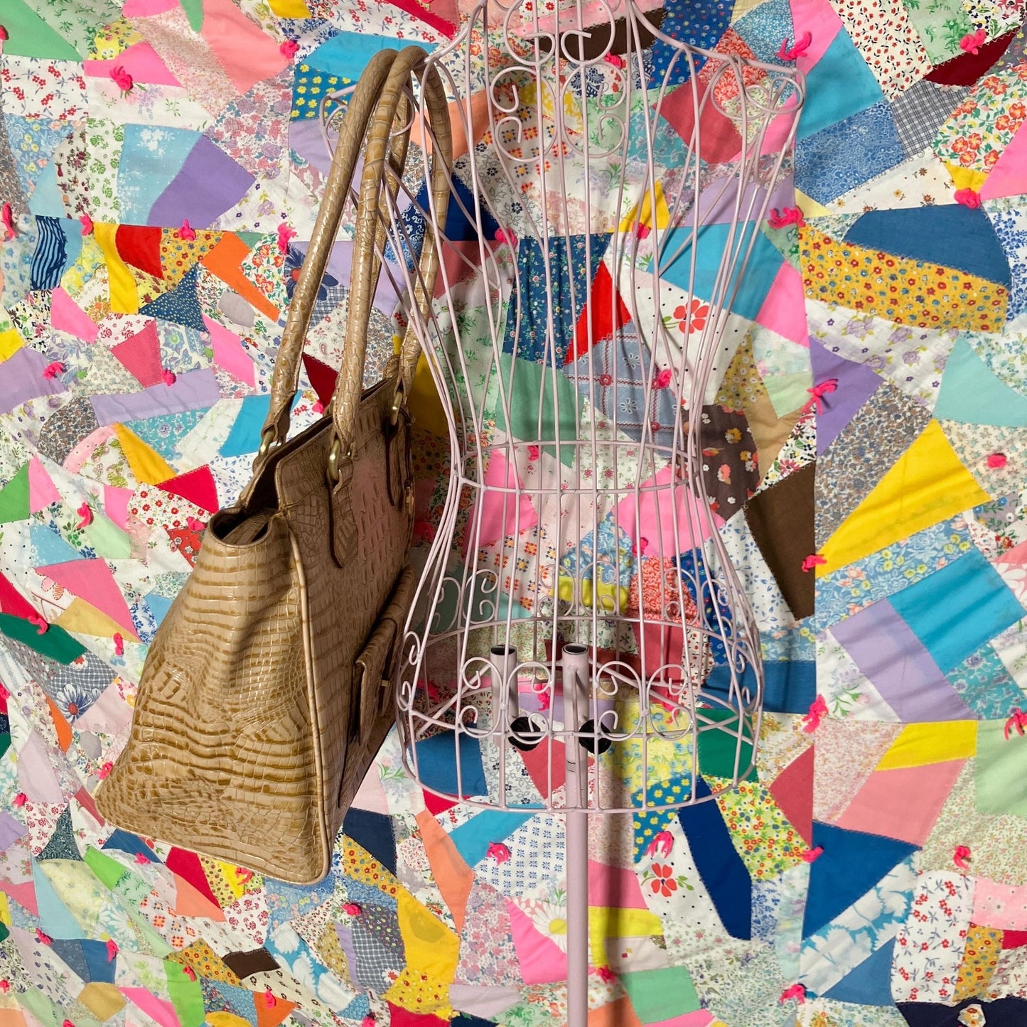 Vintage 80s 90s Brahmin tote bag toasted honey beige croc embossed pockets