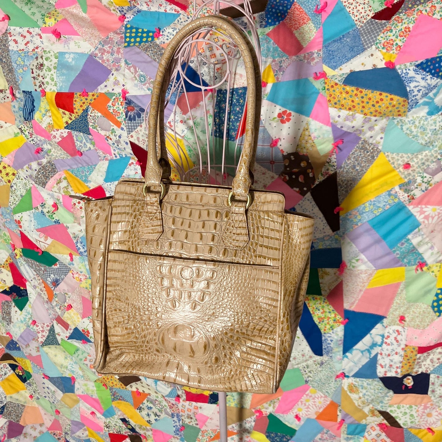 Vintage 80s 90s Brahmin tote bag toasted honey beige croc embossed pockets