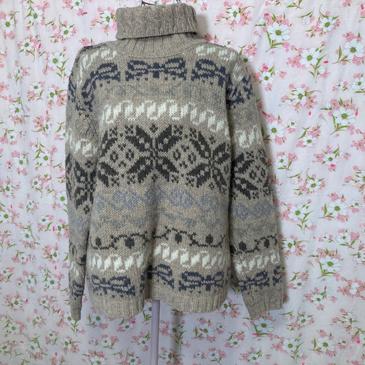 Vintage 90s sweater Talbots S-M wool tan white grey fair isle 1990s chunky turtleneck