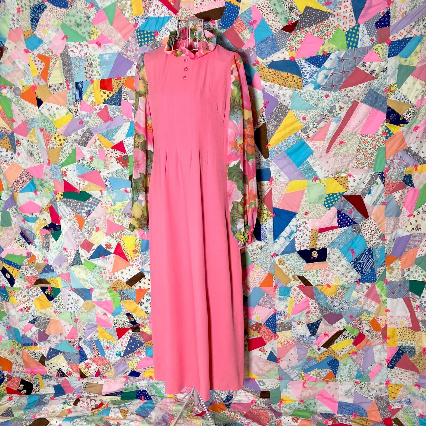 Vintage 60s 70s dress balloon sleeve | M| maxi 1960s pink yellow white floral