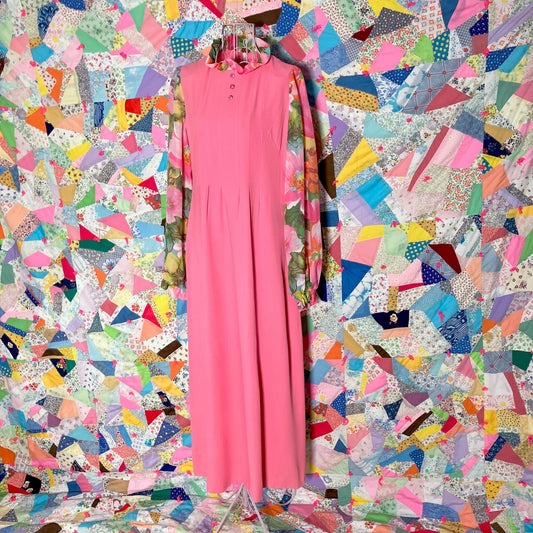 Vintage 60s 70s dress balloon sleeve | M| maxi 1960s pink yellow white floral