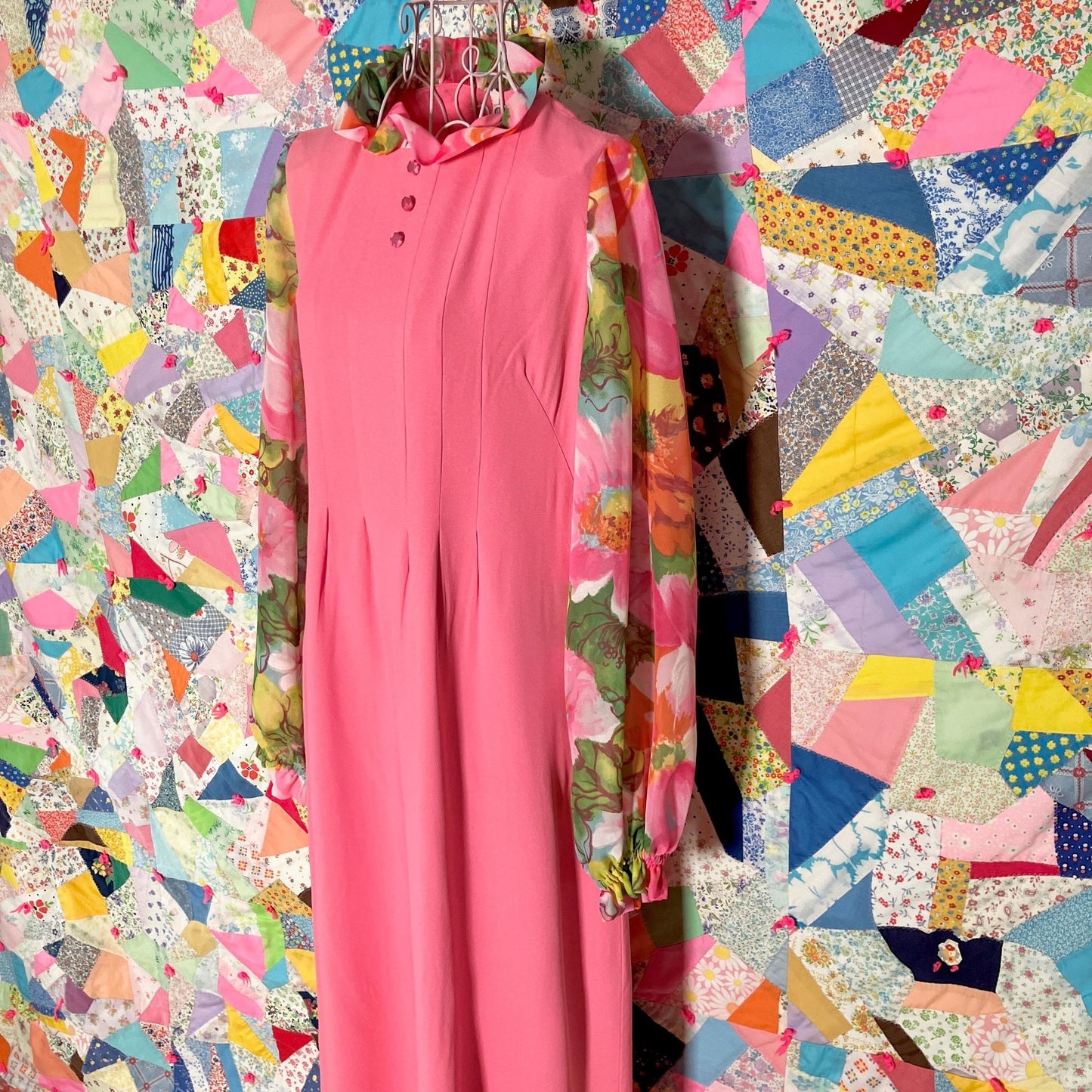 Vintage 60s 70s dress balloon sleeve | M| maxi 1960s pink yellow white floral