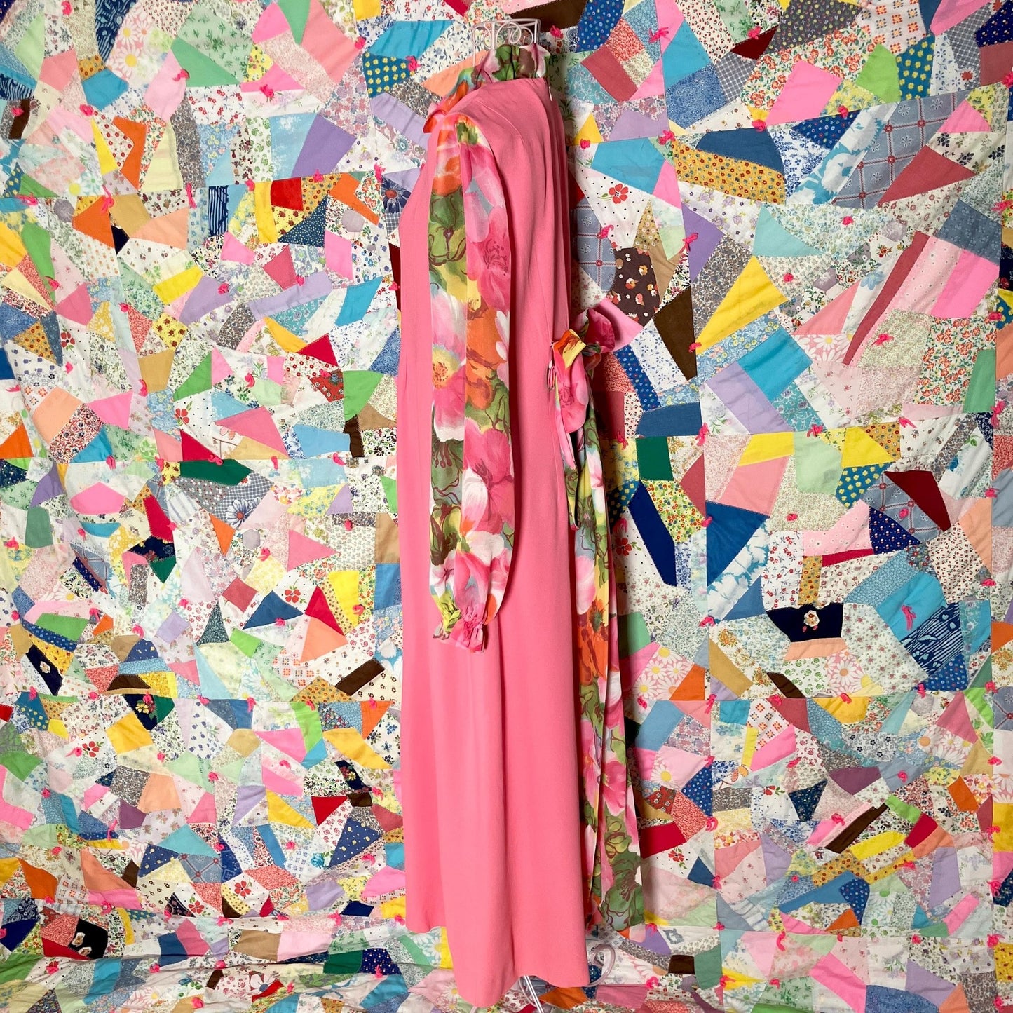 Vintage 60s 70s dress balloon sleeve | M| maxi 1960s pink yellow white floral