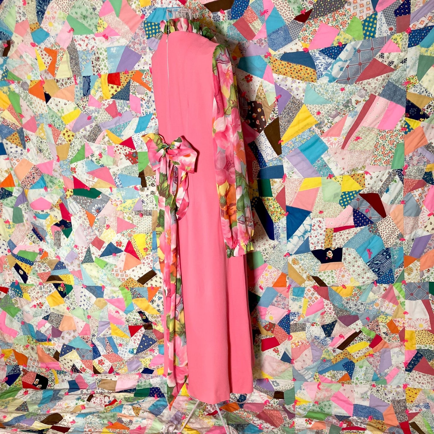 Vintage 60s 70s dress balloon sleeve | M| maxi 1960s pink yellow white floral