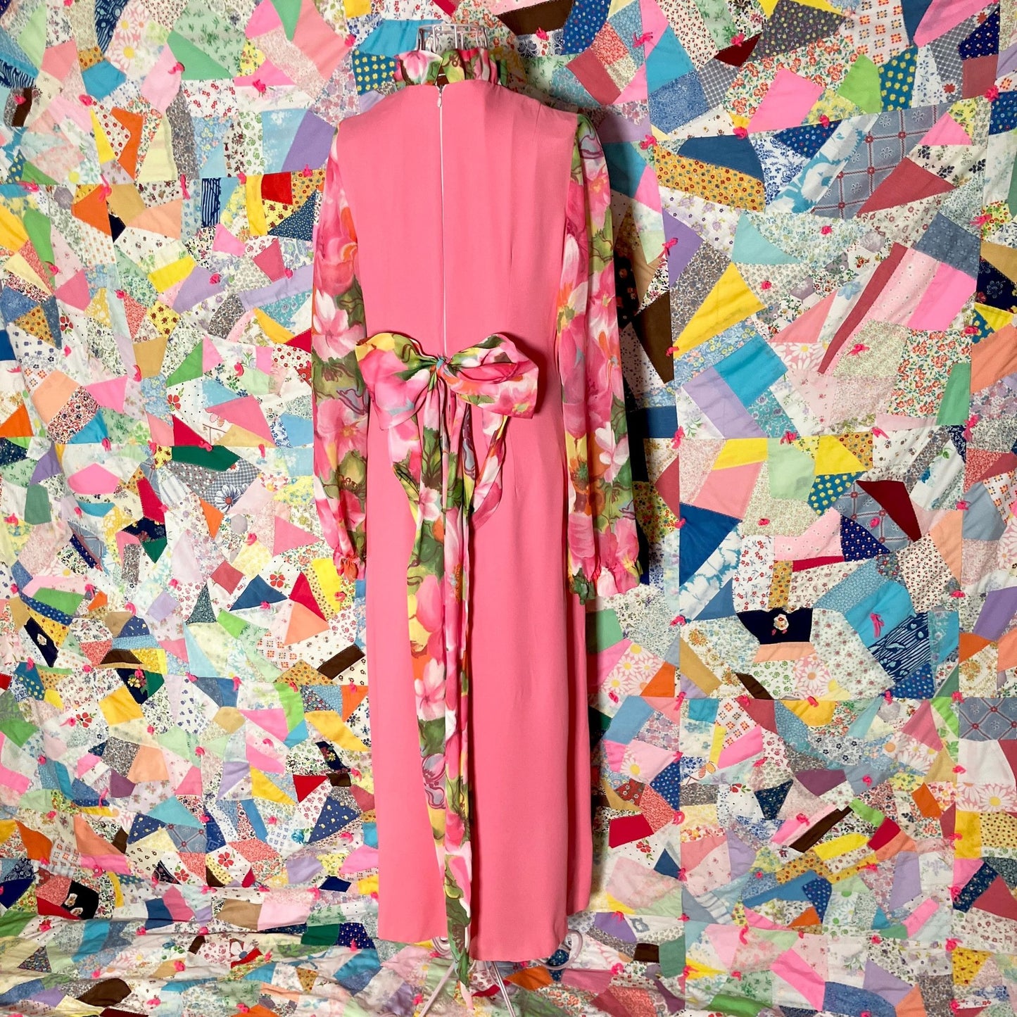 Vintage 60s 70s dress balloon sleeve | M| maxi 1960s pink yellow white floral