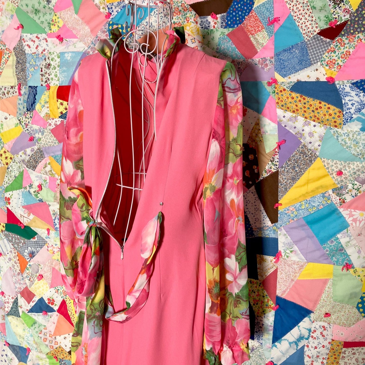 Vintage 60s 70s dress balloon sleeve | M| maxi 1960s pink yellow white floral