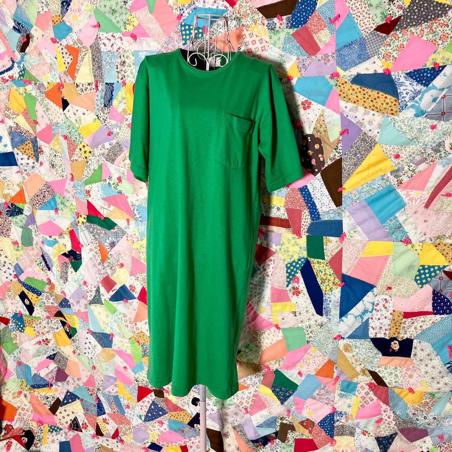 Vintage 80s 90s dress Kelly green t shirt | XS-M | 100% cotton midi short sleeve Lands' End made in USA