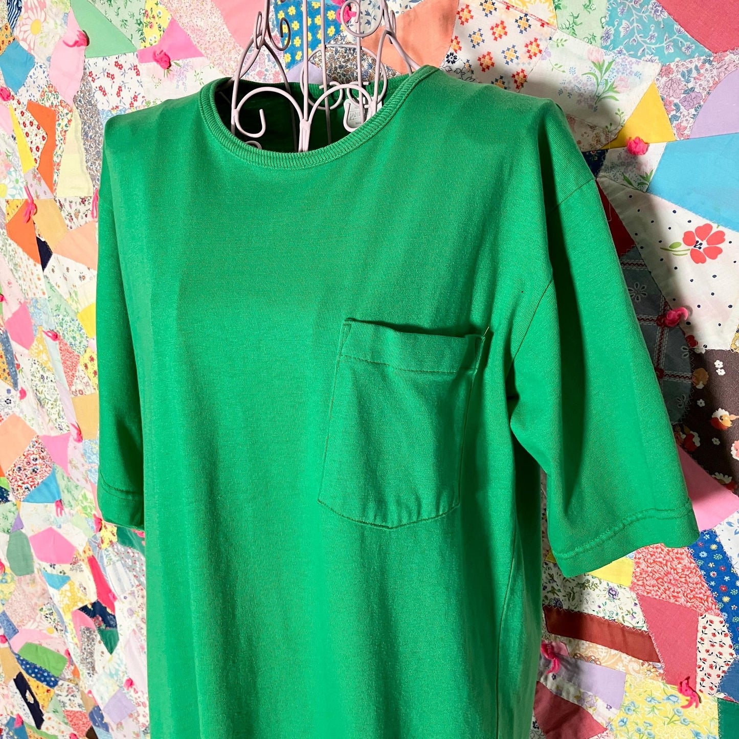 Vintage 80s 90s dress Kelly green t shirt | XS-M | 100% cotton midi short sleeve Lands' End made in USA