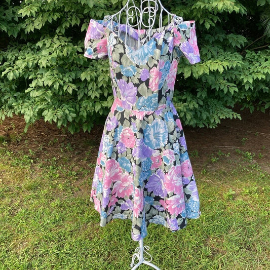 vintage 80s dress floral rose 1980s | cottage core |  pink black purple green print | S-M | garden party cotton