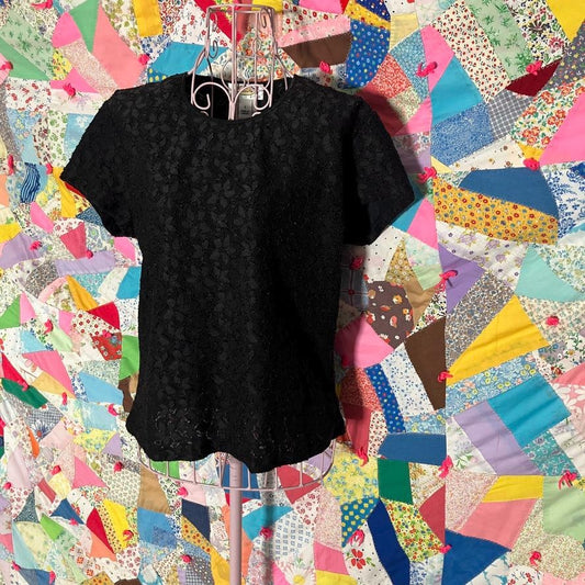 Vintage black short sleeve top | XS - M |90s lace semi sheer shirt blouse Talbots petites