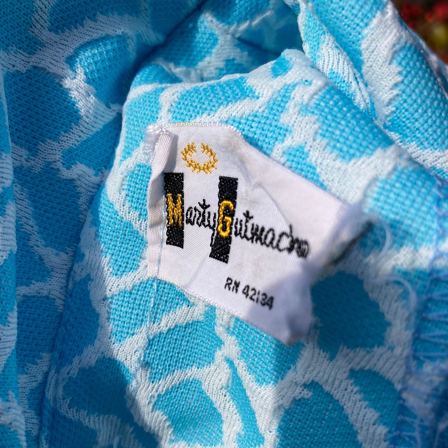 Vintage 70s  dress robins egg blue white abstract print collared dress | M-L | 1960s 1970s polyester collar Marty Gutmacher