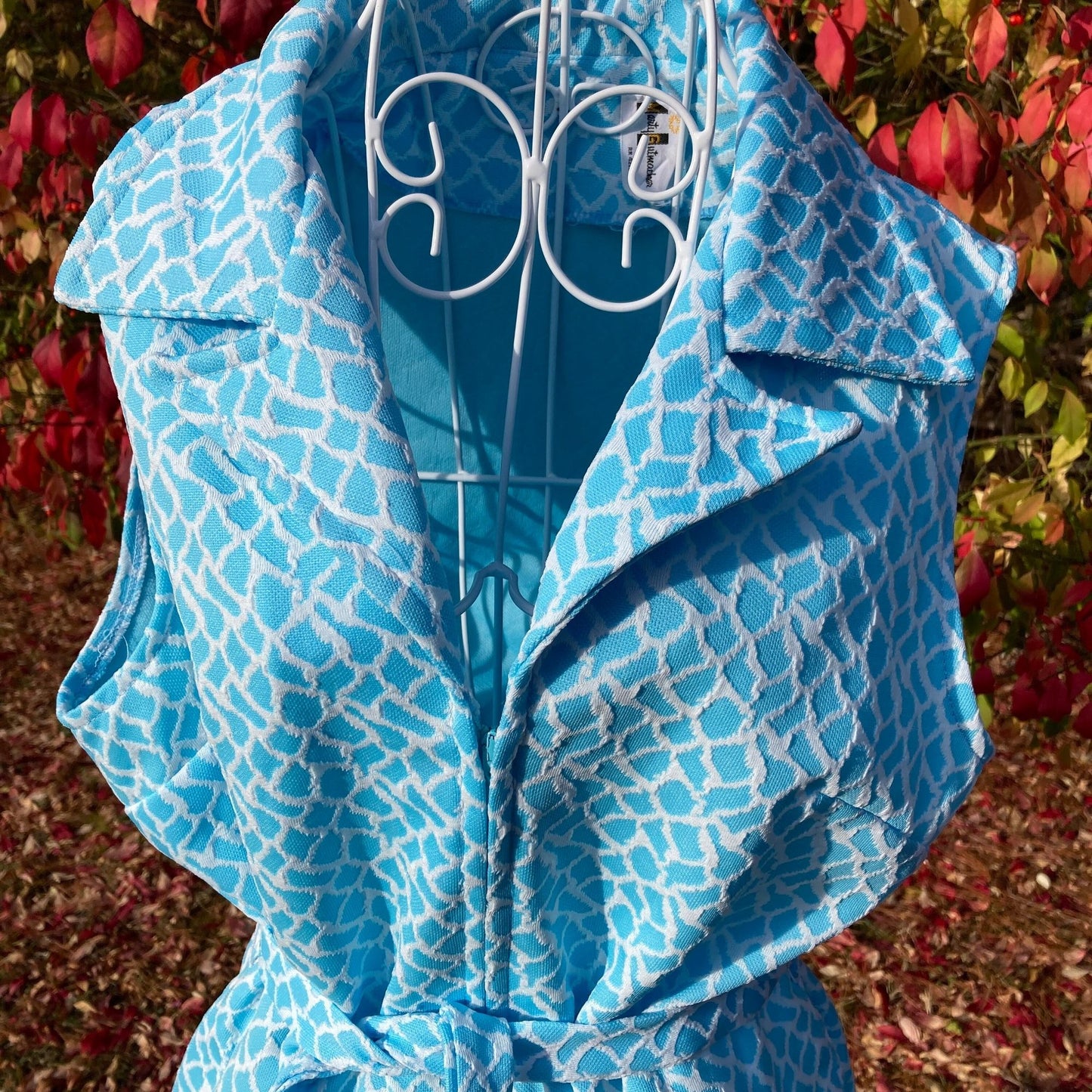 Vintage 70s  dress robins egg blue white abstract print collared dress | M-L | 1960s 1970s polyester collar Marty Gutmacher