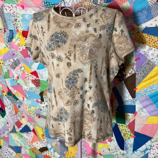 Vintage 90s/y2k top paisley floral tan beige  2000s 1990s crew neck short sleeve XCIT baby t shirt
