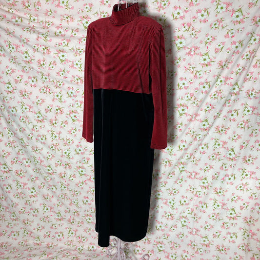 vintage dress black red striped velvet 90s | S-M | minimal 1990s maxi Talbots long sleeve whimsigoth turtle neck