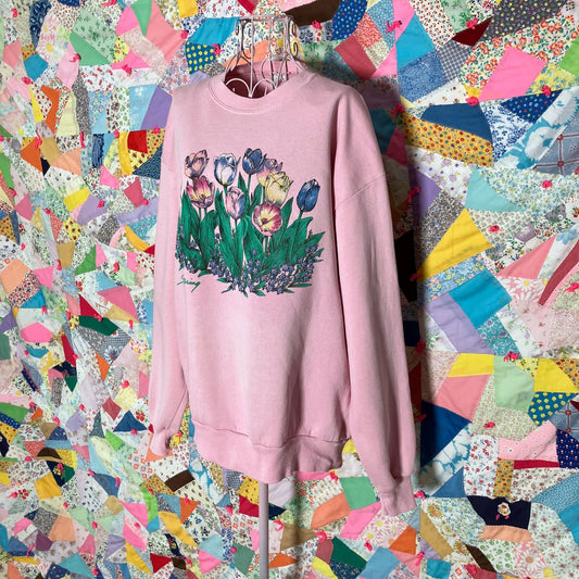 Vintage 80s 90s grandma sweatshirt pastel pink  floral  |S-M| flaws as is collared 1980s tulips  Jerzees  yellow blue white spring