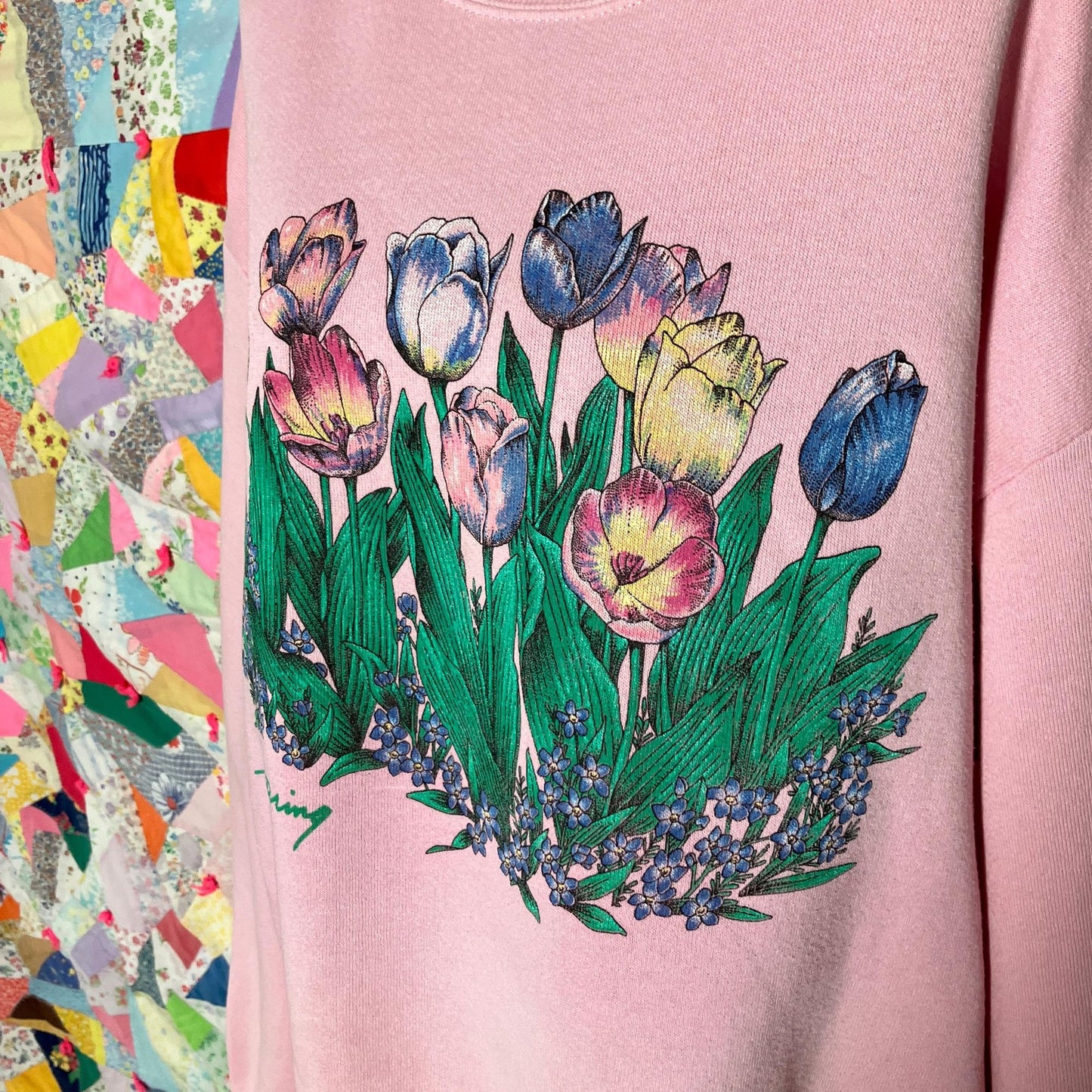 Vintage 80s 90s grandma sweatshirt pastel pink  floral  |S-M| flaws as is collared 1980s tulips  Jerzees  yellow blue white spring