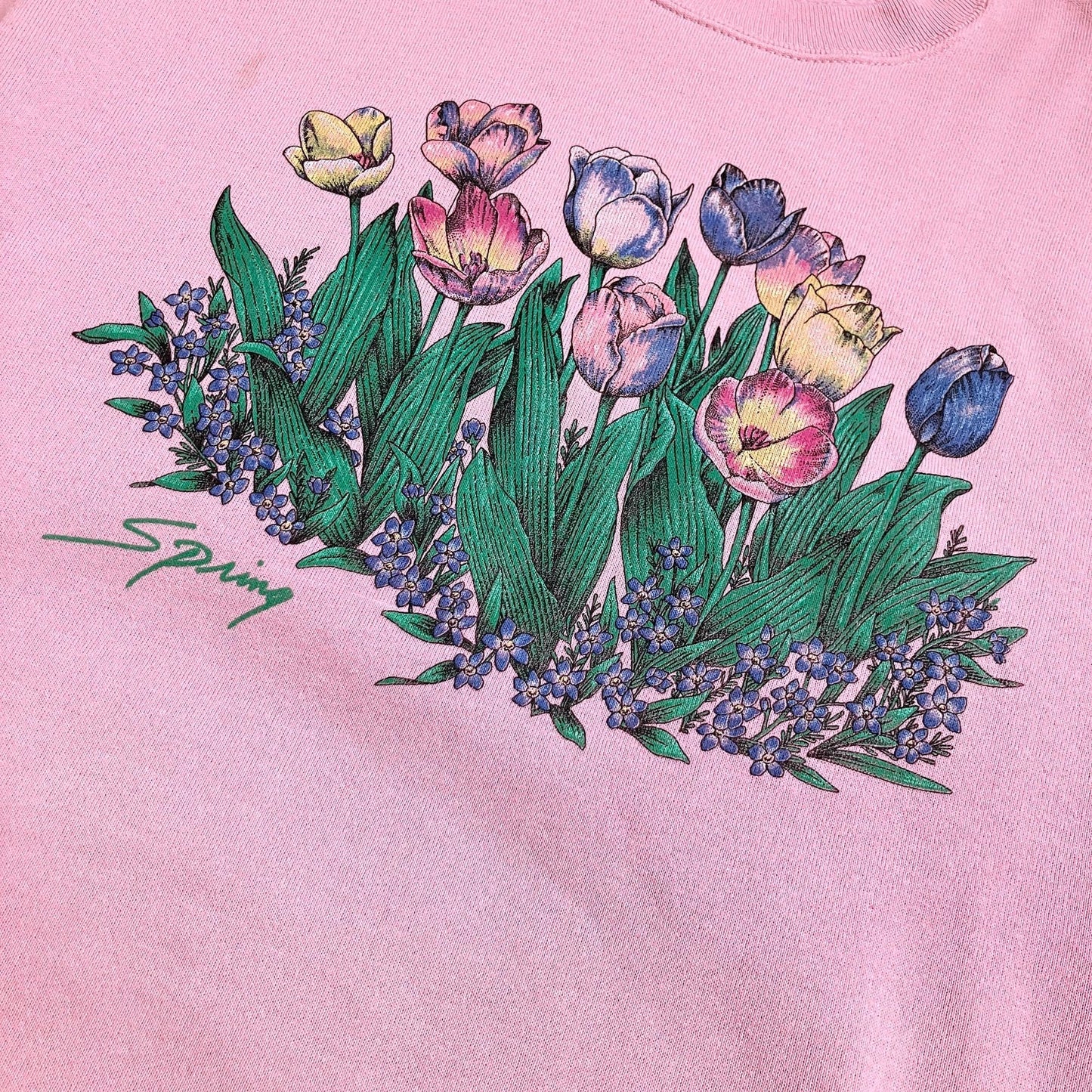 Vintage 80s 90s grandma sweatshirt pastel pink  floral  |S-M| flaws as is collared 1980s tulips  Jerzees  yellow blue white spring