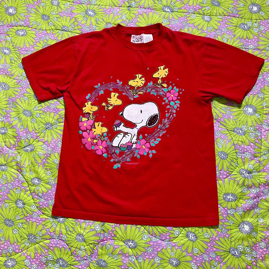 vintage 90s y2k Snoopy t shirt | S-L |  soft red  peanuts Woodstock heart glitter