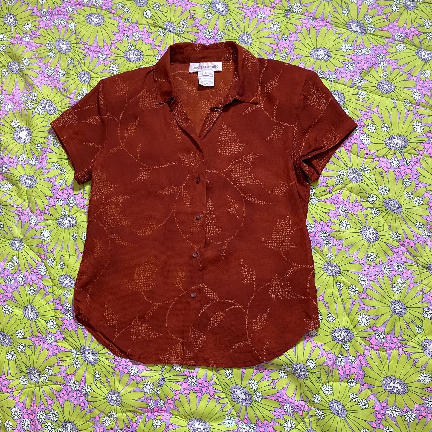 Vintage  90s  y2k blouse silk | S-M| visible mend rust orange red leaf print collar button Jones New York