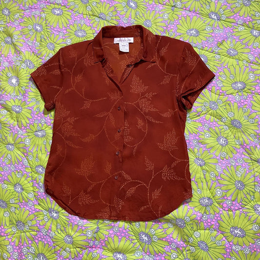 Vintage  90s  y2k blouse silk | S-M| visible mend rust orange red leaf print collar button Jones New York