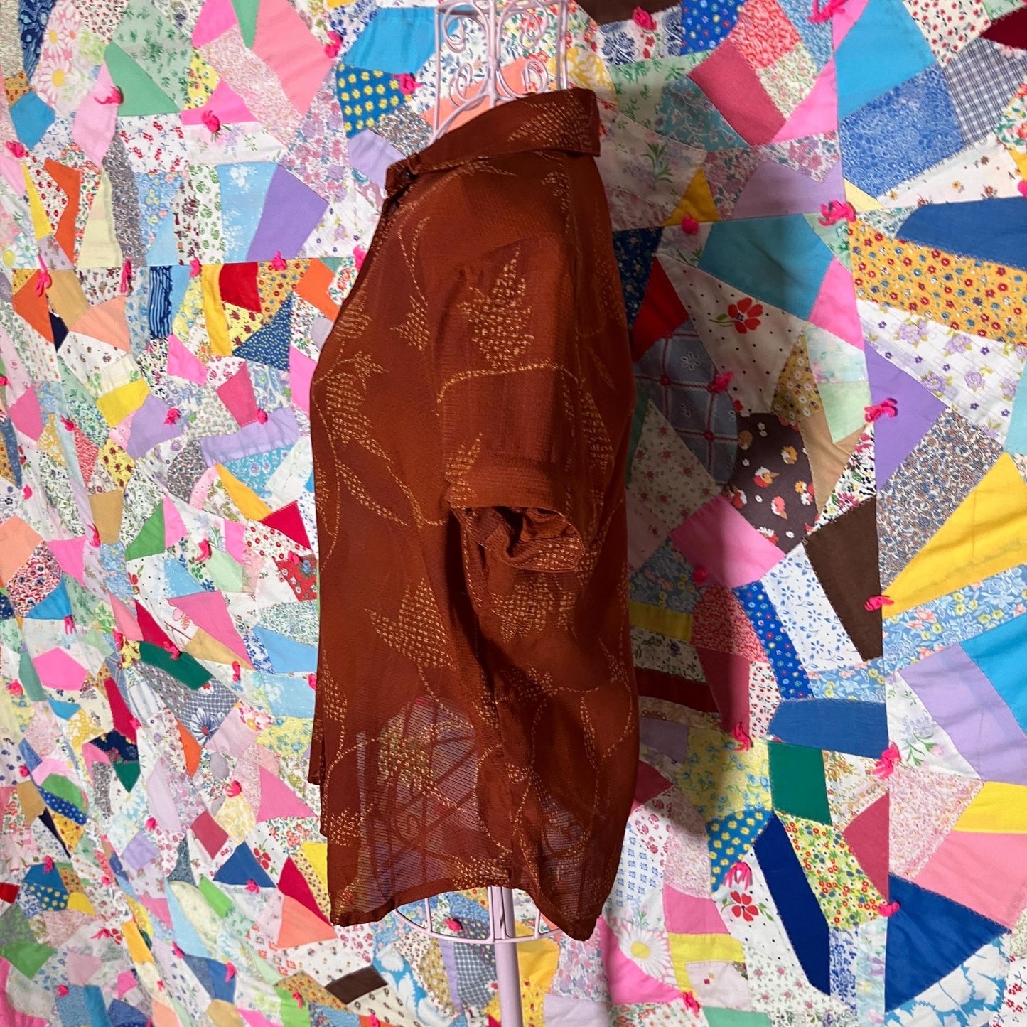 Vintage  90s  y2k blouse silk | S-M| visible mend rust orange red leaf print collar button Jones New York