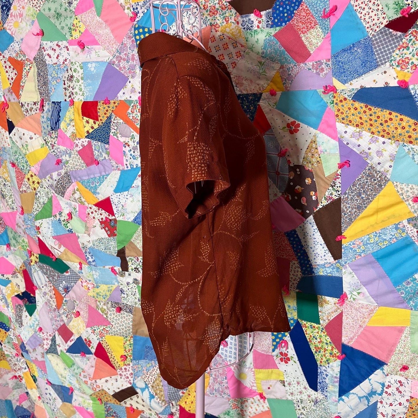 Vintage  90s  y2k blouse silk | S-M| visible mend rust orange red leaf print collar button Jones New York