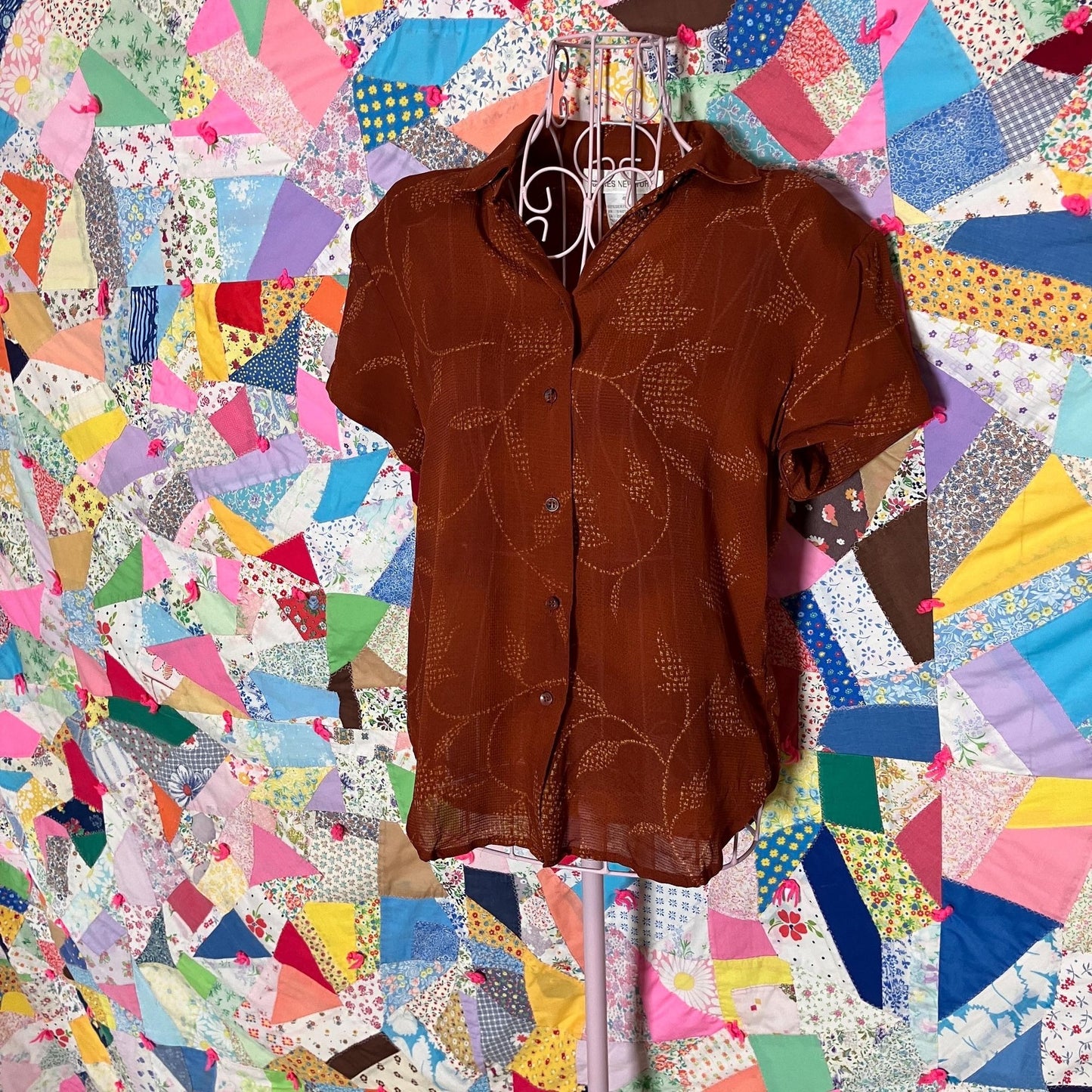 Vintage  90s  y2k blouse silk | S-M| visible mend rust orange red leaf print collar button Jones New York