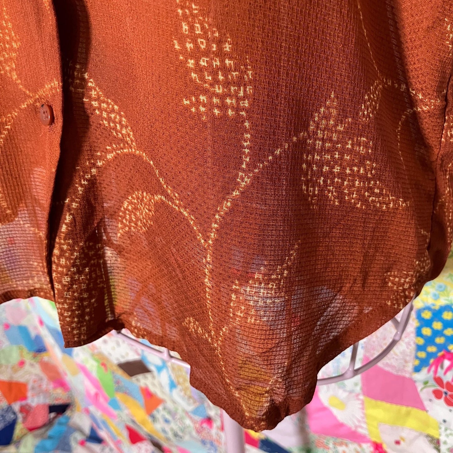 Vintage  90s  y2k blouse silk | S-M| visible mend rust orange red leaf print collar button Jones New York