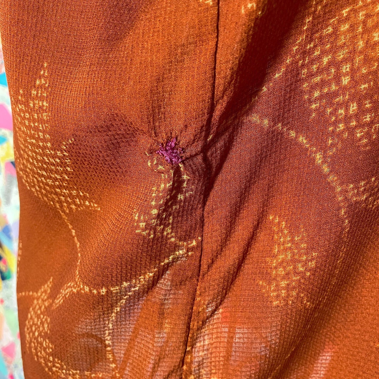 Vintage  90s  y2k blouse silk | S-M| visible mend rust orange red leaf print collar button Jones New York