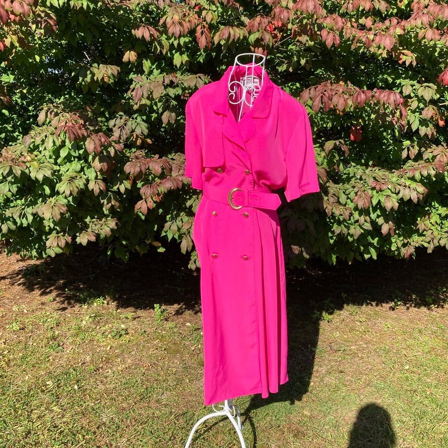 Vintage 80s dress pink short sleeve | M | polyester  1980s Caron Petite Chicago button collared