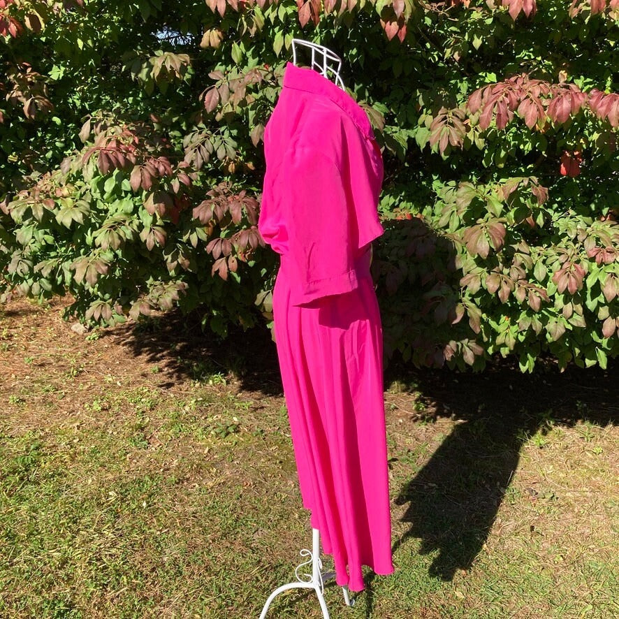 Vintage 80s dress pink short sleeve | M | polyester  1980s Caron Petite Chicago button collared