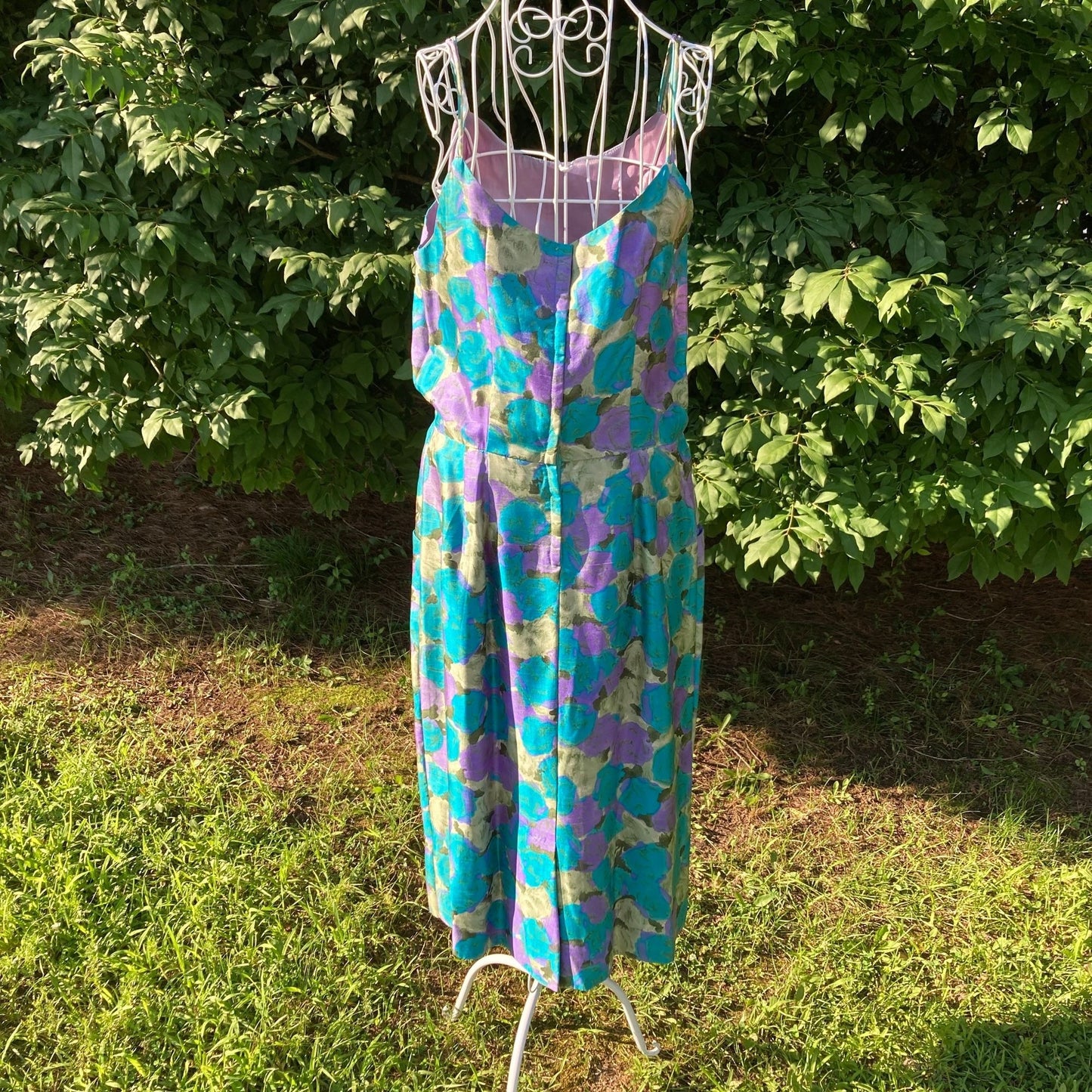 Vintage 60s dress green purple floral |S - M| sheath Famous Fashions