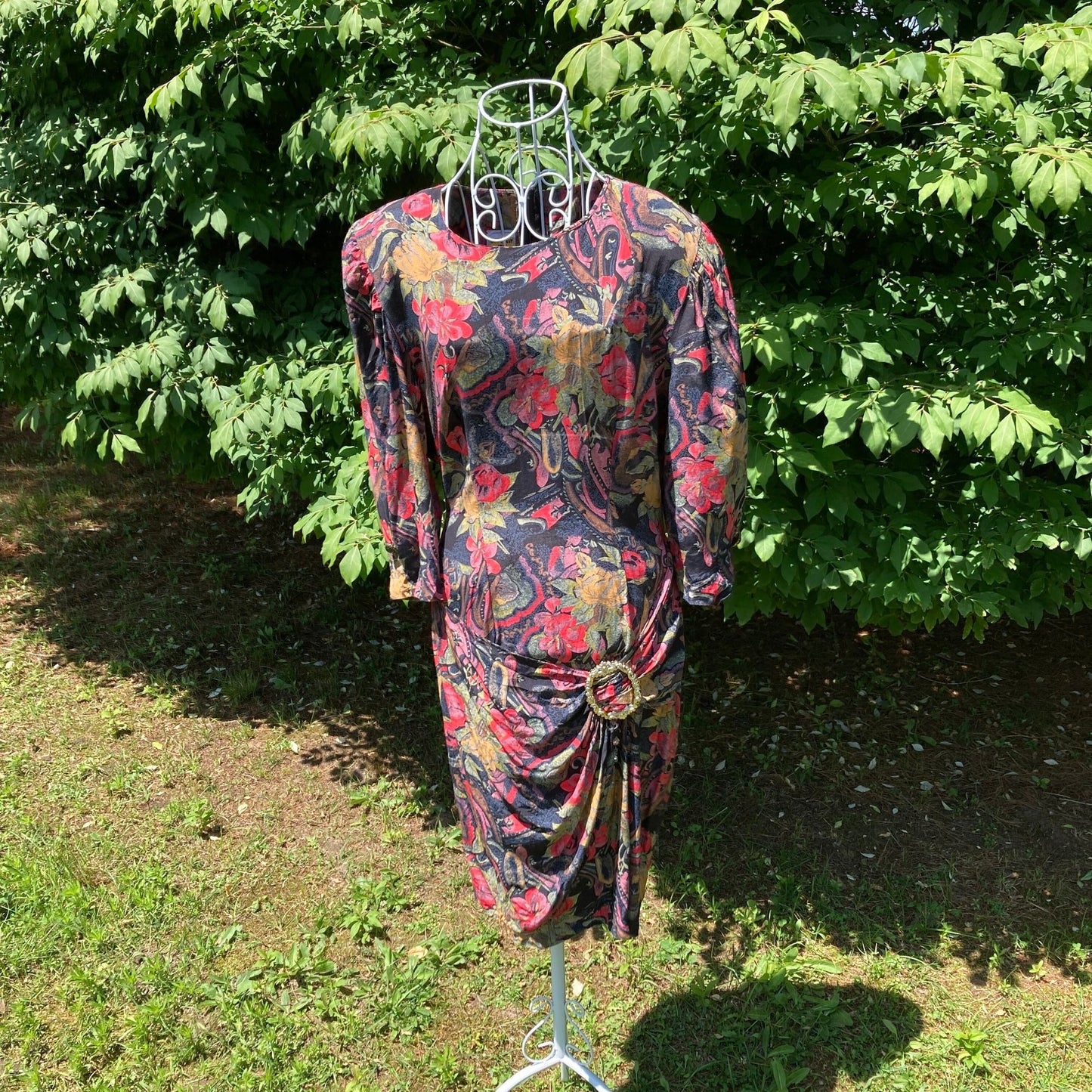 vintage 80s dress green red pink paisley floral print | S-M | dark floral How Sweet It Is belted