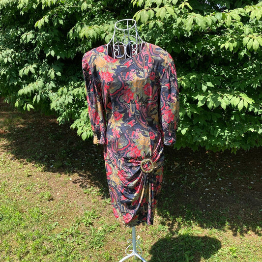vintage 80s dress green red pink paisley floral print | S-M | dark floral How Sweet It Is belted
