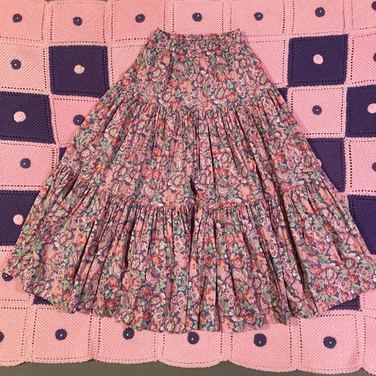 Vintage 80s Laura Ashley skirt |S-M| cottage core Great Britain cotton tiered ruffle floral rose print pink green purple