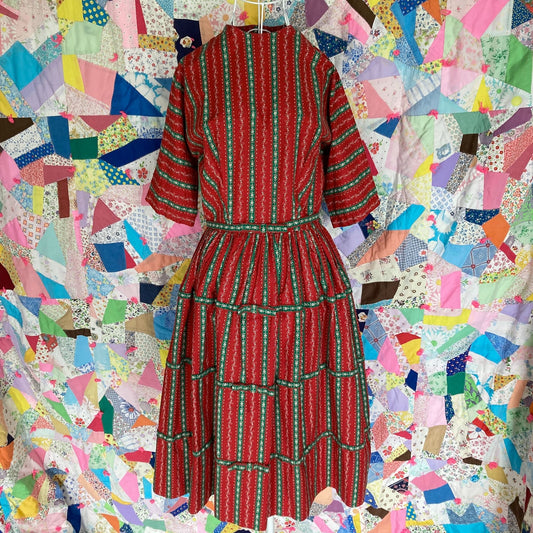 vintage 50s dress red green Lanz Originals | XS-S |1950s holiday christmas bow floral heart