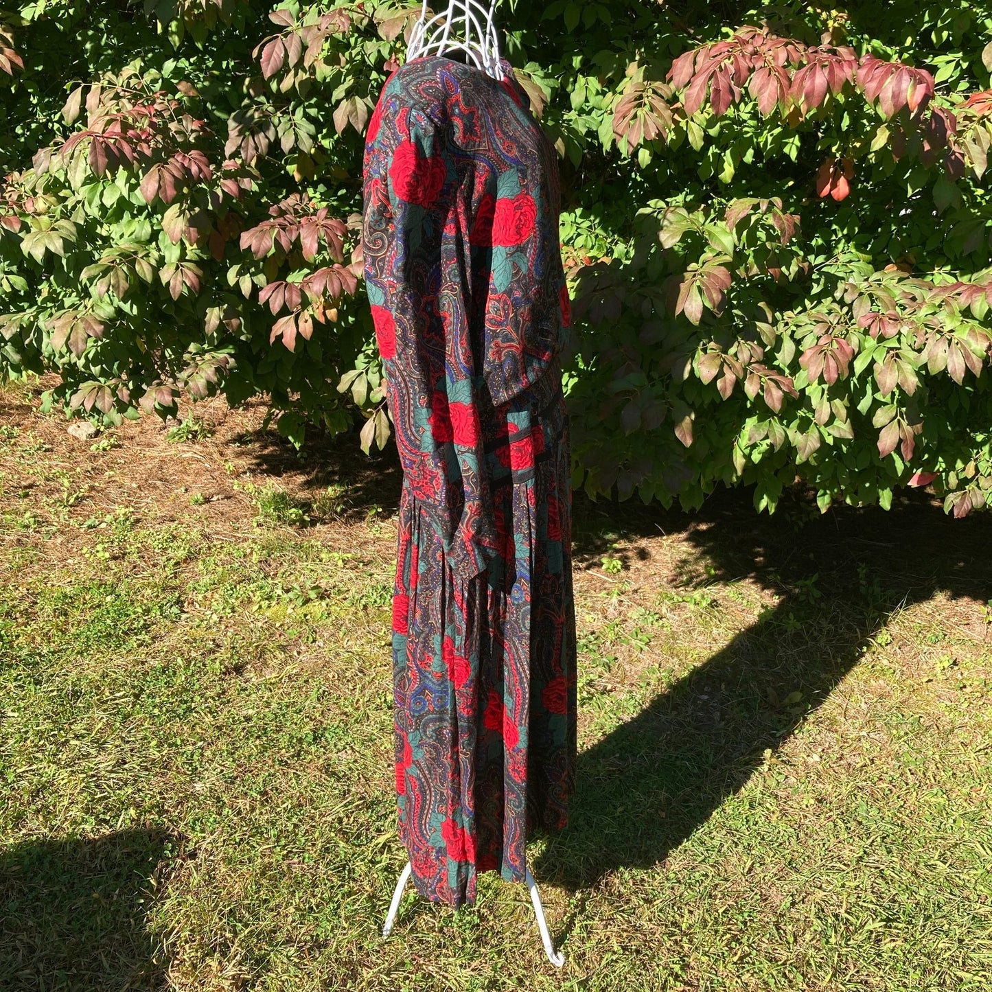 Vintage 80s dress paisley rose midi |  M | 1980s cottage dark floral western rayon John Roberts