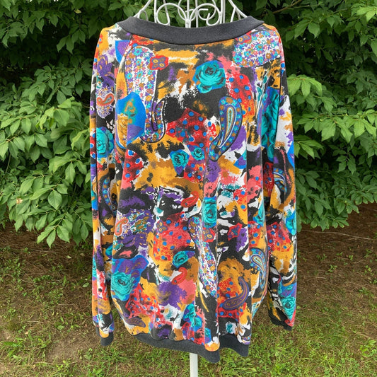 Vintage  80s 90s sweatshirt lightweight colorful bright | S-M | abstract paisley 1980s allover Candy Rockets