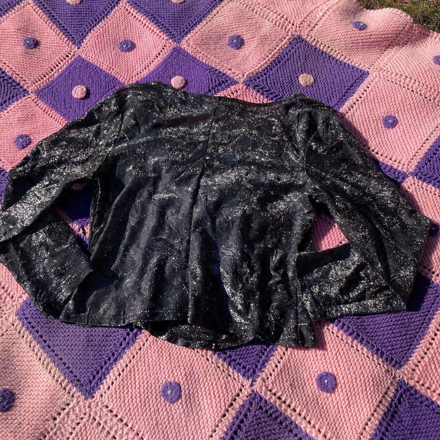 Vintage 90s top  sparkly silver black glitter metallic 1990s party festive sheer square neck ruched Hanky Panky